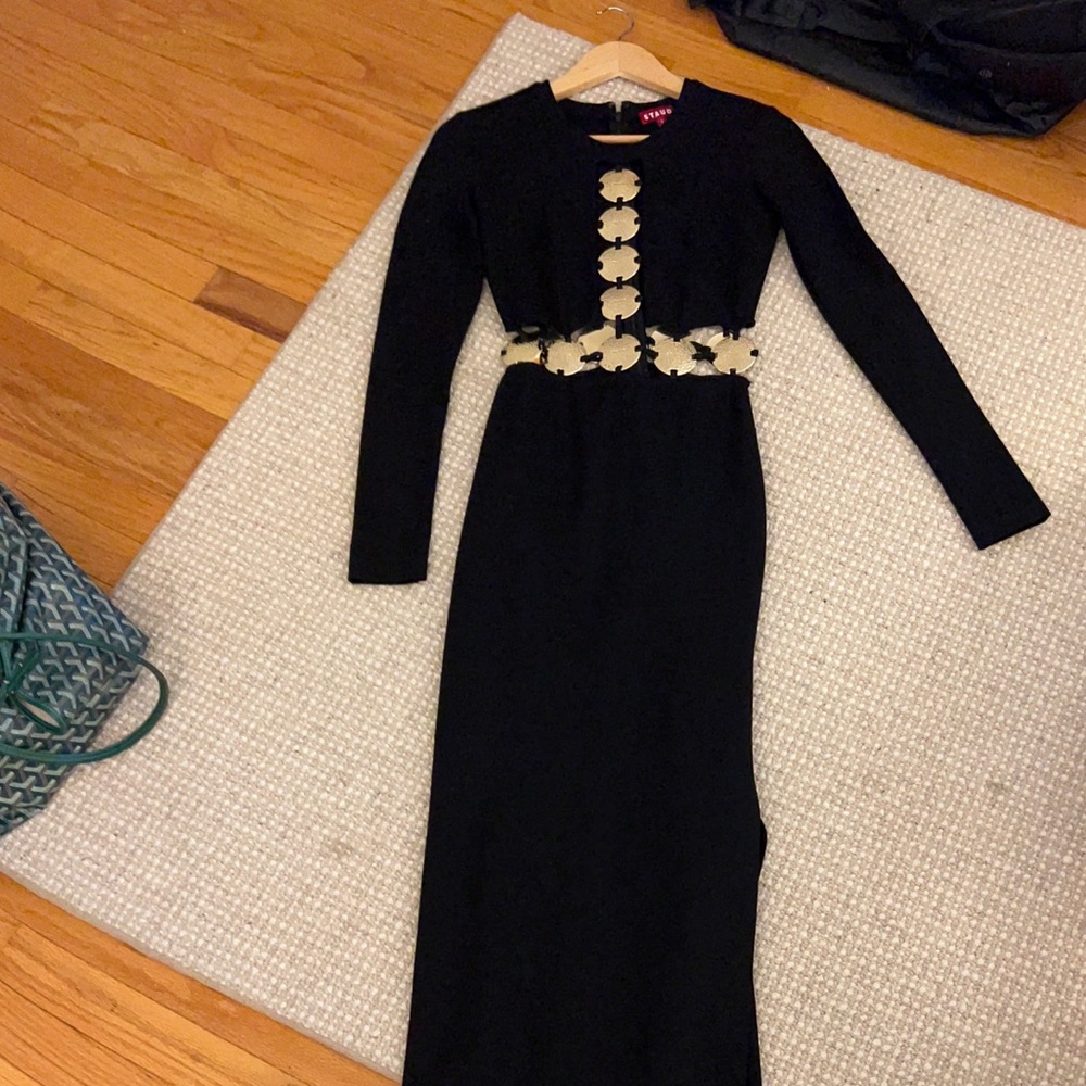 STAUD Black and Gold Long Sleeve Dress